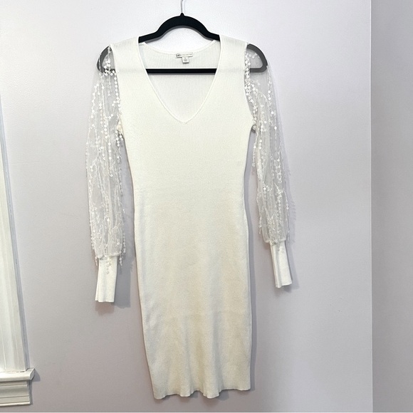 Cato Small White Knitted Dress with Long Mesh Sleeves and Dangly Sequins - Picture 2 of 9